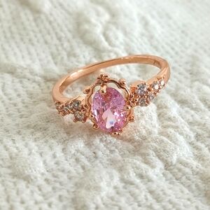 Simulated Pink Tourmaline Gemstone Ring Princess Cut Barbie Rose Gold Plated 9